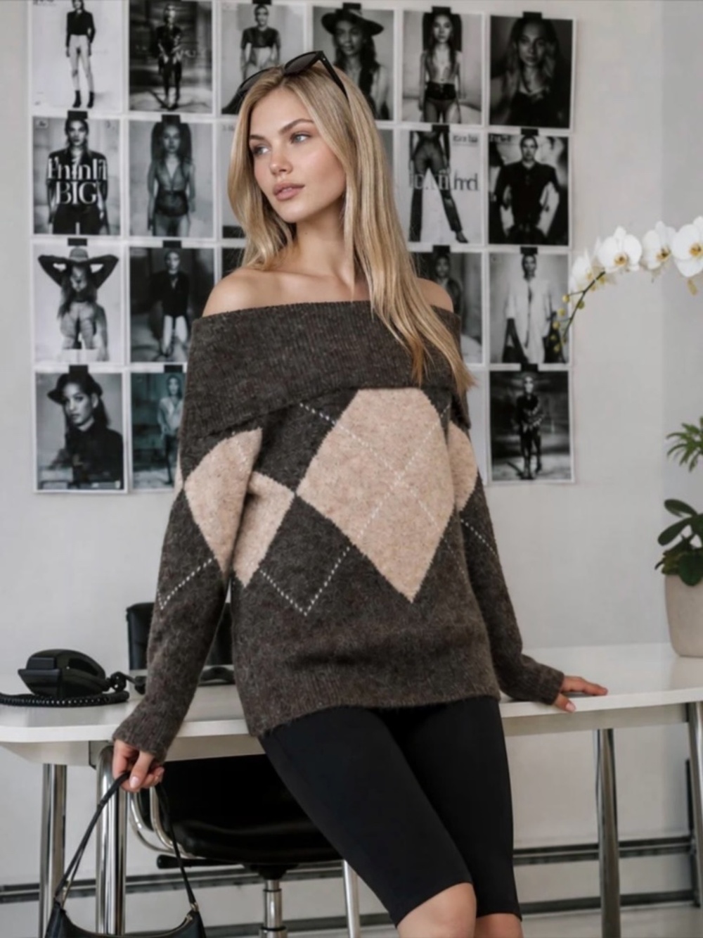 Argyle Sweater Off the Shoulder in Brown & Cream